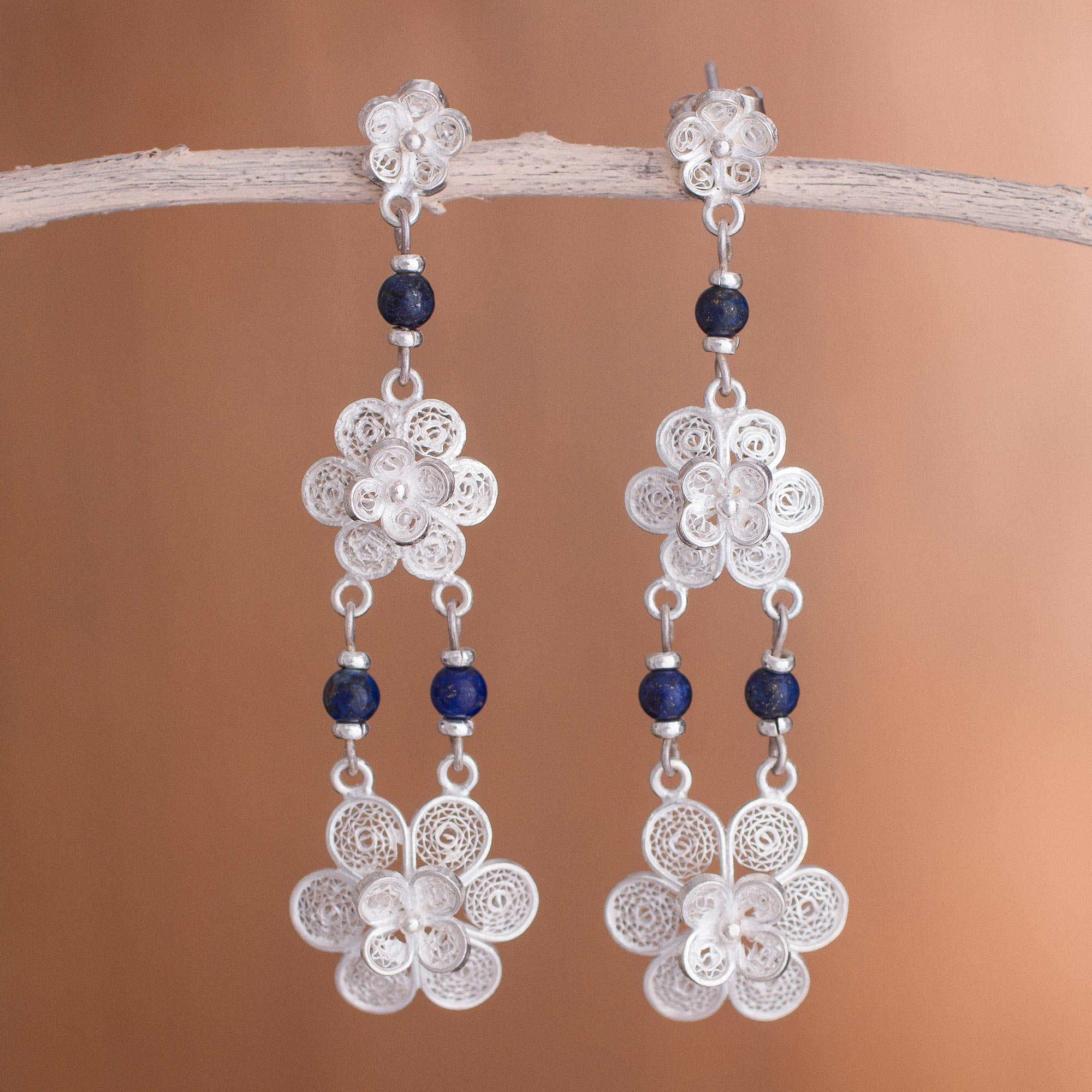 UNICEF Market | Fair Trade Floral Silver Dangle Lapis Lazuli Earrings ...
