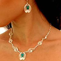 Chrysocolla Silver Necklace And Earrings Jewelry Set,'Leaves'