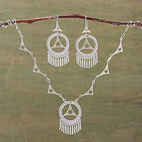 Silver Jewellery set, 'Peace' - Filigree Earrings and Necklace Jewellery Set