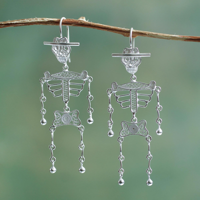 Silver filigree earrings, 'Dancing Skeleton' - Day of the Dead Sterling Silver Filigree Earrings from Peru