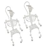Silver filigree earrings, 'Dancing Skeleton' - Day of the Dead Sterling Silver Filigree Earrings from Peru