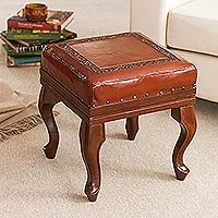 Leather and wood ottoman, 'Century' - Traditional Wood Leather Ottoman