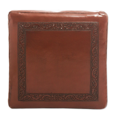 Leather and wood ottoman, 'Century' - Traditional Wood Leather Ottoman