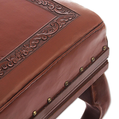 Leather and wood ottoman, 'Century' - Traditional Wood Leather Ottoman
