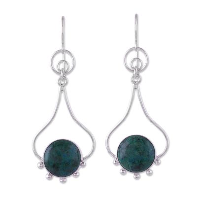 Chrysocolla dangle earrings, 'Andean Moon' - Chrysocolla and Silver Dangle Earrings