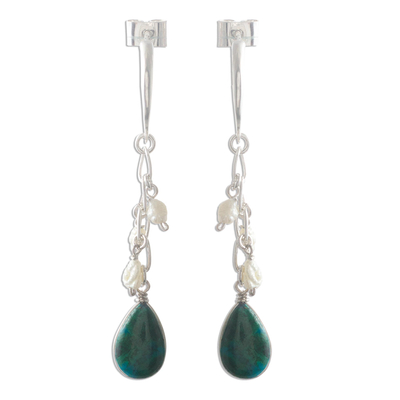 Pearl and chrysocolla dangle earrings, 'Sweet Perfection' - Chrysocolla and Pearl Earrings Sterling Silver 925
