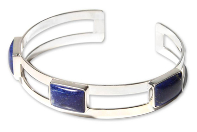 Lapis lazuli cuff bracelet, 'Three Wishes' - Lapis lazuli cuff bracelet