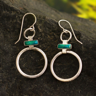 Chrysocolla dangle earrings, 'Join Me' - Handcrafted Modern Chrysocolla and Silver Earrings