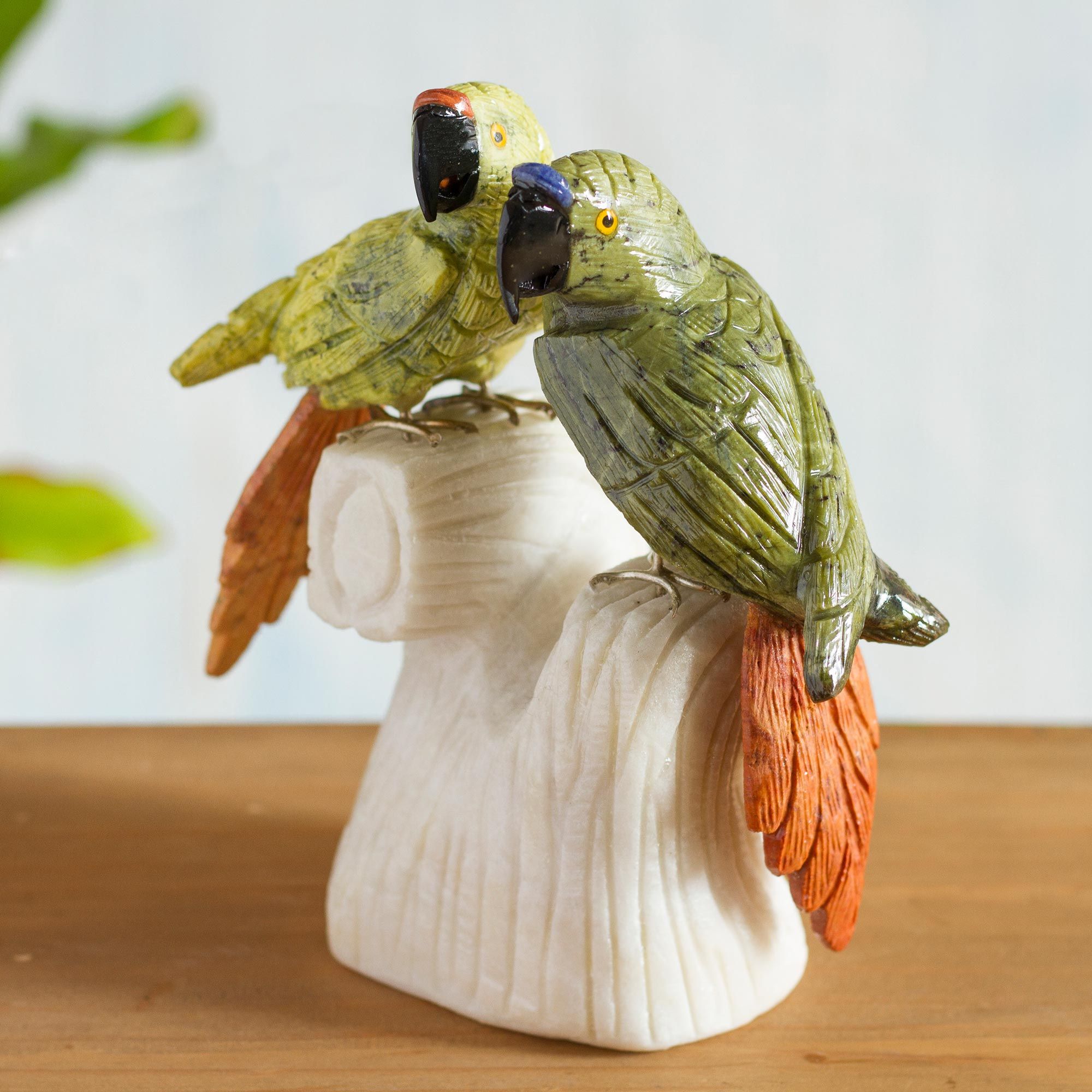 Gemstone Serpentine and Onyx Bird Figurine Sculpture Pair - Parrot Love