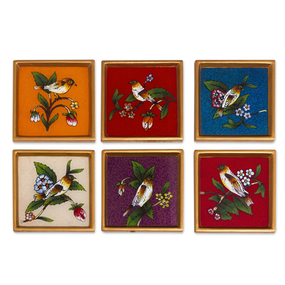 Glass coasters, 'Birds of Peace' (Set of 6) - Glass coasters (Set of 6)