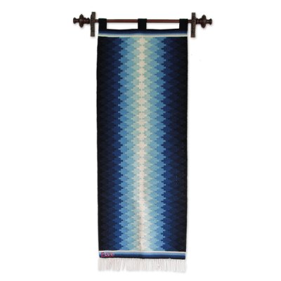 Wool tapestry, 'Blue Radiance' - Handcrafted Geometric Wool Tapestry Wall Hanging