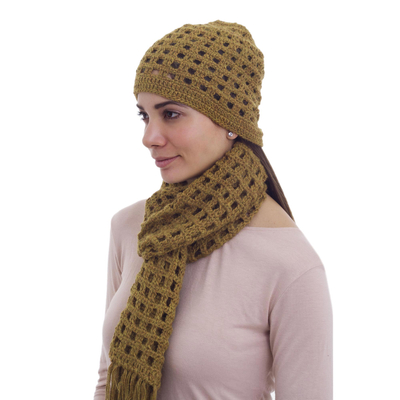 100% alpaca scarf and hat, 'Ochre Puzzles' - 100% alpaca scarf and hat