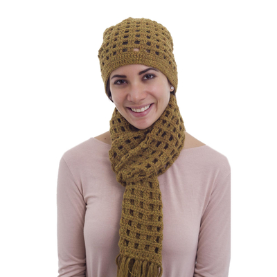 100% alpaca scarf and hat, 'Ochre Puzzles' - 100% alpaca scarf and hat