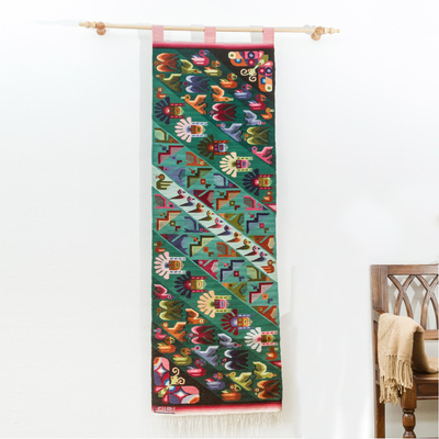 Wandteppich aus Wolle - Vögel und Schmetterlinge auf mehrfarbigem handgewebtem Wollteppich