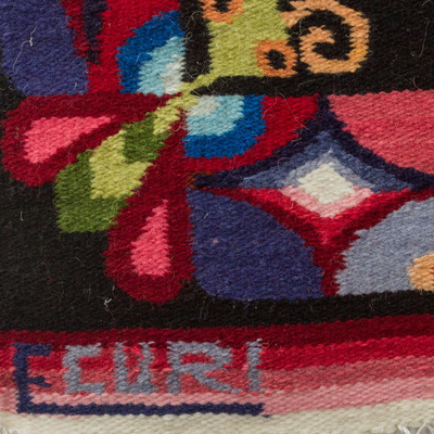 Wandteppich aus Wolle - Vögel und Schmetterlinge auf mehrfarbigem handgewebtem Wollteppich