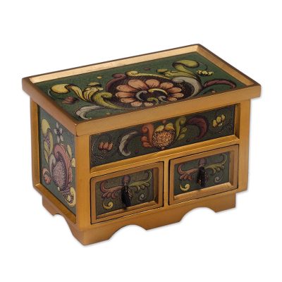 Painted glass chest of drawers, 'Jade Majesty' - Reverse Painted Glass Jewelry Box