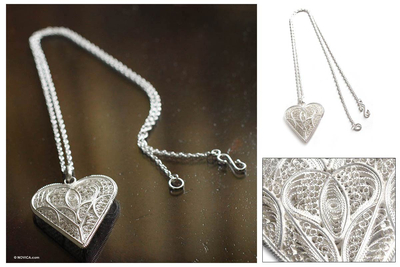 Silver filigree necklace, 'In My Heart' - Handcrafted Heart Shaped Sterling Silver Pendant Necklace