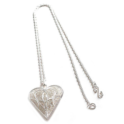 Silver filigree necklace, 'In My Heart' - Handcrafted Heart Shaped Sterling Silver Pendant Necklace