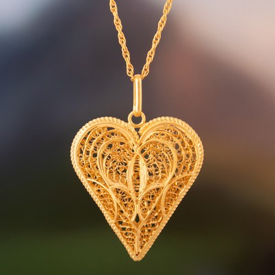 Gold plated necklace, 'Heart of Lace' - Fair Trade Heart Shaped Gold Plated Filigree Necklace