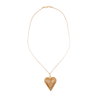 Gold plated necklace, 'Heart of Lace' - Fair Trade Heart Shaped Gold Plated Filigree Necklace