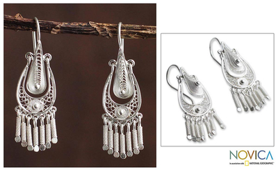 Sterling silver chandelier earrings, 'Filigree Grace' - Hand Made Sterling Silver Chandelier Earrings