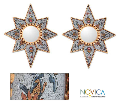 Espejos de madera de Mohena, 'Radiant Flower Stars' (par) - Espejos de cristal pintados al revés (par)