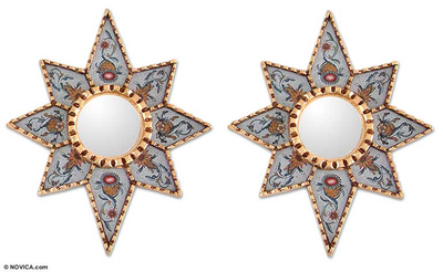 Mohena wood mirrors, 'Radiant Flower Stars' (pair) - Reverse Painted Glass Mirrors (Pair)