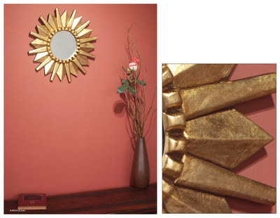 Mohena wood mirror, 'Starburst' - Sun Design Mohena Wood Wall Mirror with Bronze Leaf Finish
