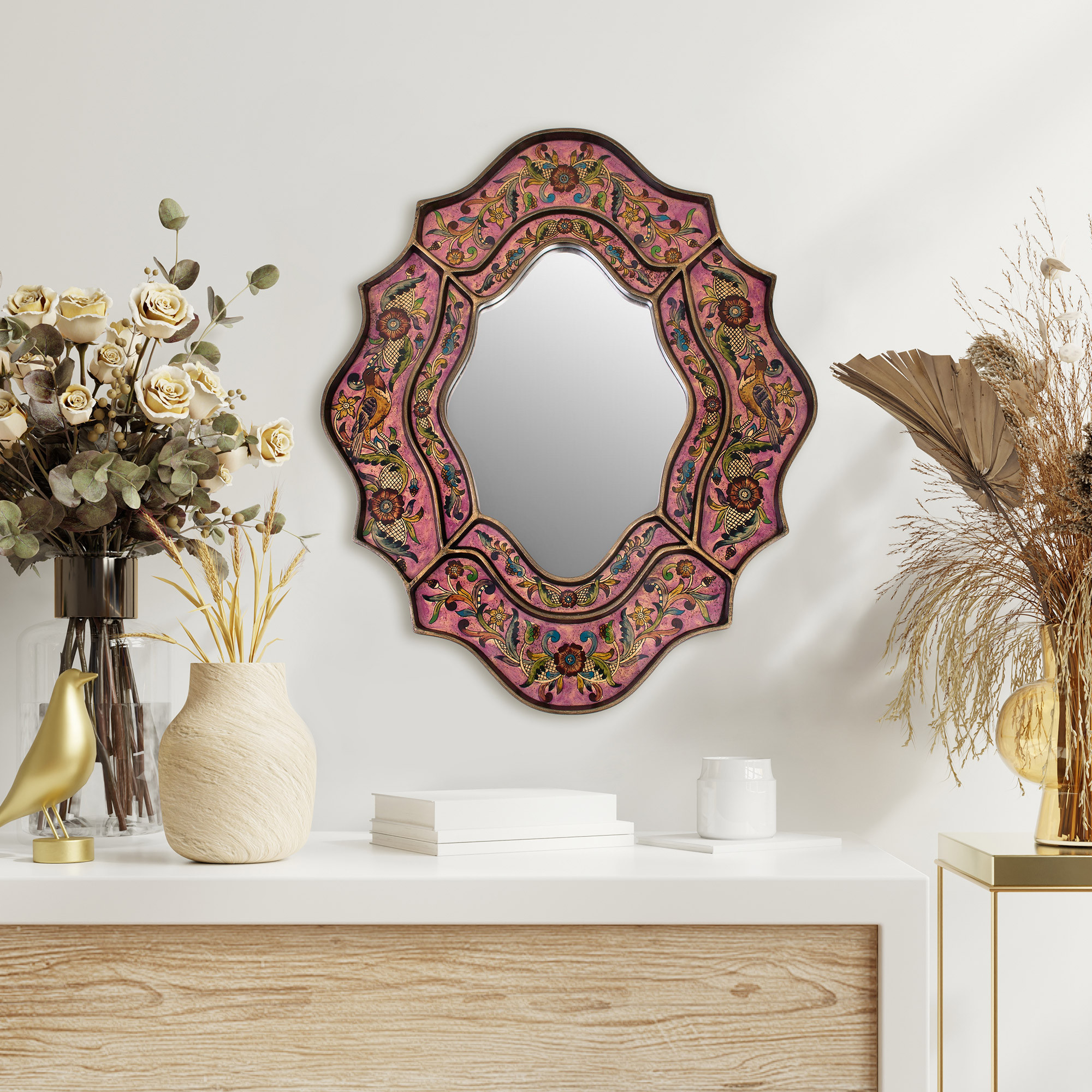 Reverse Painted Glass Wall Mirror, 'Romance'