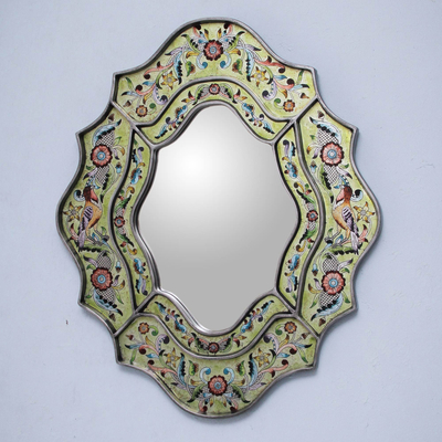 Reverse painted glass mirror, 'Verdant Spring' - Hand Made Reverse Painted Glass Bird Mirror