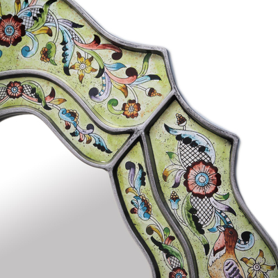Rückseitig bemalter Glasspiegel, 'Grüner Frühling' - Handgefertigter Hinterglasmalerei-Spiegel mit Vogelmotiven
