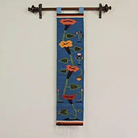 Wool tapestry, 'Blossom Comets' - Handcrafted Floral Wall Hanging Tapestry