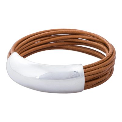 Leather wristband bracelet, 'Chestnut Free Spirit' - Leather and Silver Bracelet
