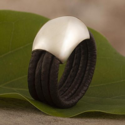 Leather ring, 'Dark Brown Moon' - Leather Silver Designer Ring