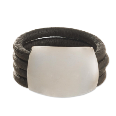 Leather ring, 'Dark Brown Moon' - Leather Silver Designer Ring