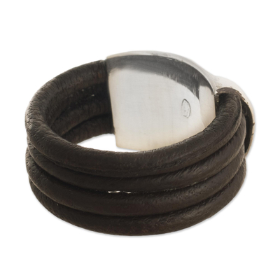 Leather ring, 'Dark Brown Moon' - Leather Silver Designer Ring