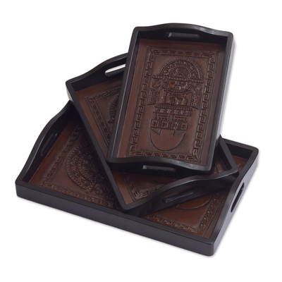 Cedar and leather trays, 'Tumi' (set of 3) - Hand Tooled Leather Serving Trays (Set of 3)