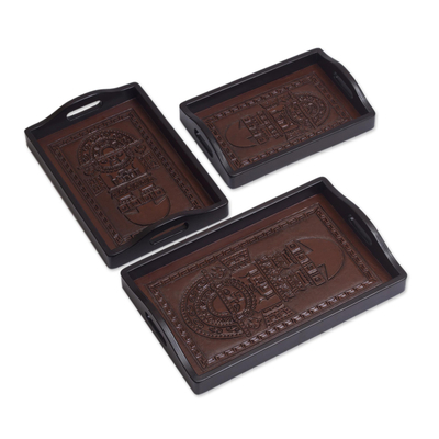 Cedar and leather trays, 'Tumi' (set of 3) - Hand Tooled Leather Serving Trays (Set of 3)