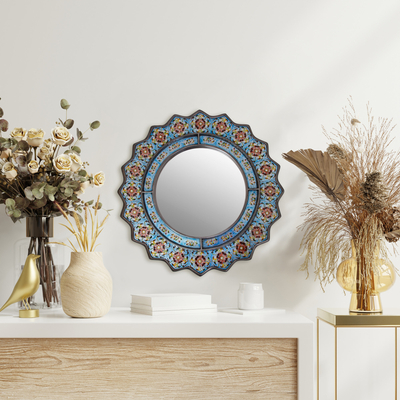 Reverse painted glass mirror, 'Bluebells' - Reverse Painted Glass Floral Wall Mirror with Bluebells