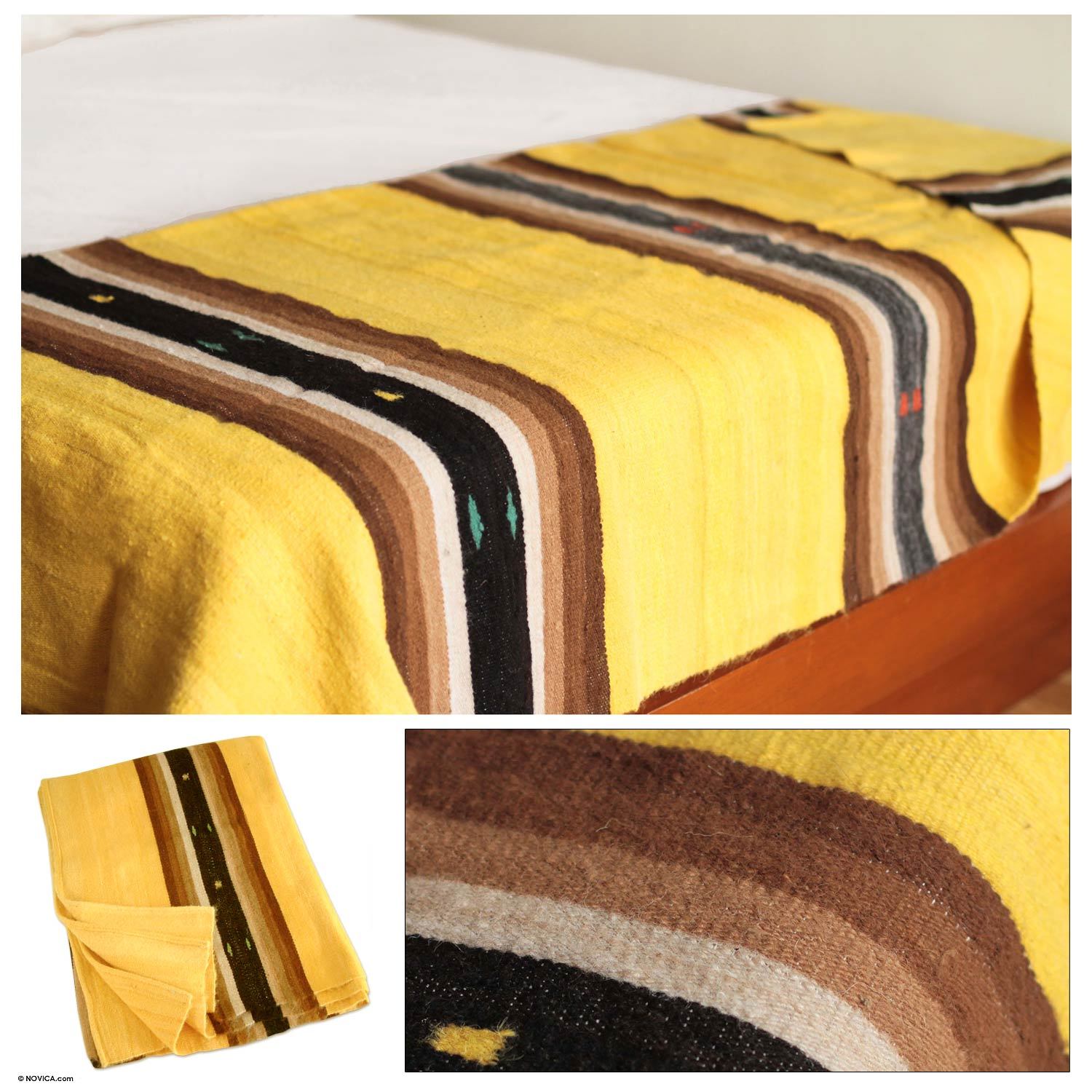 UNICEF Market Yellow Stripes Hand Woven Alpaca Blend Blanket Flower