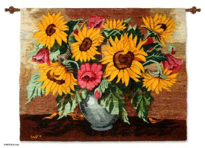 Wool tapestry, 'Bouquet of Sunflowers' - Wool tapestry
