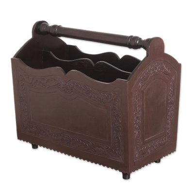 Cedar and leather magazine rack, 'Ancestral Guard' - Cedar and leather magazine rack