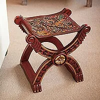 Tooled leather and wood stool, 'Baroque Peru' - Handcrafted Peruvian Wood Leather Stool