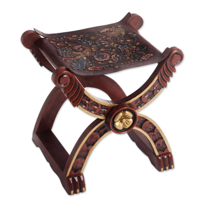 Tooled leather and wood stool, 'Baroque Peru' - Handcrafted Peruvian Wood Leather Stool