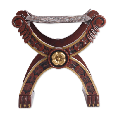 Tooled leather and wood stool, 'Baroque Peru' - Handcrafted Peruvian Wood Leather Stool