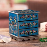 Reverse painted glass jewelry box, 'Celestial Blue' - Reverse Painted Glass Jewelry Box Chest with Mirror