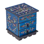 Reverse painted glass jewelry box, 'Celestial Blue' - Reverse Painted Glass Jewelry Box Chest with Mirror