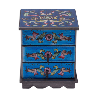 Reverse painted glass jewelry box, 'Celestial Blue' - Reverse Painted Glass Jewelry Box Chest with Mirror