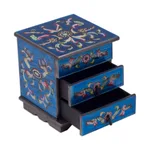 Reverse painted glass jewelry box, 'Celestial Blue' - Reverse Painted Glass Jewelry Box Chest with Mirror