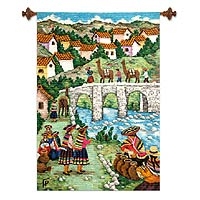 Wool tapestry, 'Women Selling Huaca Pots' - Wool tapestry